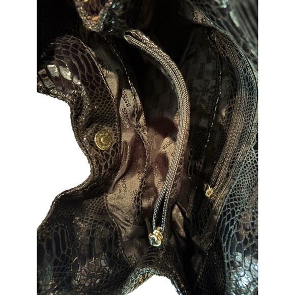 Michael Kors Snakeskin Patent Leather Shoulder Bag Black Gold Chain Glam595 - Picture 3 of 8